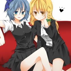 Rule 34 | 2girls, bad id, bad pixiv id, blonde hair, blue eyes, blue hair, bow, braid, buttons, cirno, couch, hair bow, hair ornament, heart, hyouka (rat hut), kirisame marisa, kneeling, koori hana, long hair, multiple girls, no wings, open mouth, red upholstery, short hair, simple background, sitting, skirt, smile, touhou, white background, yellow eyes