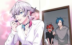 Rule 34 | 3boys, androgynous, applying makeup, bathroom, bishie sparkle, black choker, black shirt, blue eyes, blue hair, choker, commentary, cosmetics, crying, crying with eyes open, doorway, english commentary, english text, eyelashes, eyeshadow, gavis bettel, grey hair, grey hoodie, hair between eyes, heterochromia, highres, holding, holding lipstick tube, holostars, holostars english, hood, hoodie, kuju, lipstick tube, looking ahead, looking at another, machina x flayon, makeup, male focus, medium hair, multicolored hair, multiple boys, parted lips, pink eyes, pink eyeshadow, pink hair, pink lips, pointing, red hair, regis altare, shirt, short hair, sketch, sparkle, sparkle background, standing, sweatdrop, tears, upper body, virtual youtuber, white shirt