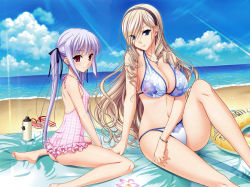 Rule 34 | 10s, 2girls, absurdres, arm support, ass, back, bangle, barefoot, beach, beach towel, bikini, blonde hair, blue eyes, blush, bottle, bracelet, breasts, casual one-piece swimsuit, celia kumani entory, cleavage, cloud, cross, cross necklace, day, drill hair, drinking straw, eyes visible through hair, feet, fingernails, floral print, hair over one eye, hair ribbon, hairband, halterneck, highres, huge filesize, innertube, jewelry, komori kei, large breasts, legs, light purple hair, light rays, light smile, lisa eostre, long fingernails, long hair, looking at viewer, looking back, multiple girls, nail polish, navel, necklace, ocean, official art, one-piece swimsuit, outdoors, plaid, print bikini, purple eyes, red eyes, ribbon, sandals, scan, shiny skin, silver hair, sitting, skindentation, sky, small breasts, smile, string bikini, sunbeam, sunlight, swim ring, swimsuit, towel, twin drills, twintails, unworn sandals, very long hair, walkure romanze, wariza, water, wide hips