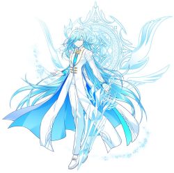 Rule 34 | 1boy, ainchase ishmael, artist request, bishounen, blue eyes, blue hair, blue necktie, blue theme, coat, colored skin, elsword, expressionless, full body, holding, holding sword, holding weapon, long hair, looking at viewer, magic circle, male focus, necktie, official art, pants, richter (elsword), shoes, simple background, solo, sword, very long hair, weapon, white background, white coat, white footwear, white pants, white skin