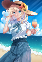 Rule 34 | 1girl, adapted costume, beach, blonde hair, blue eyes, blue ribbon, blue sky, breasts, collared shirt, commentary request, cup, day, erisauria, flower, hat, hat flower, highres, holding, holding cup, maribel hearn, medium breasts, medium hair, neck ribbon, outdoors, ribbon, shirt, short sleeves, sky, solo, straw hat, sun hat, sunflower, touhou, wavy hair, white shirt