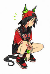 Rule 34 | 1girl, absurdres, animal ears, appleq, backwards hat, bandaid, bandaid on arm, bandaid on face, bandaid on knee, bandaid on leg, bare legs, baseball cap, black hair, black shorts, black vest, clothes writing, commentary request, ears through headwear, eyes visible through hair, frown, hat, headphones, headphones around neck, highres, horse ears, horse girl, horse tail, looking at viewer, red eyes, red shirt, shirt, shoes, short hair, short shorts, shorts, simple background, sneakers, socks, solo, squatting, t-shirt, tail, umamusume, vest, white background, winning ticket (umamusume), wristband