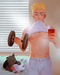 Rule 34 | 1boy, animal, bare pectorals, blonde hair, clothes lift, dog, dumbbell, exercising, gaydio zrong, grey pants, highres, holding, holding phone, lifting own clothes, male focus, muscular, muscular male, navel, nipples, original, pants, pectorals, phone, short hair, stuffed animal, stuffed toy, stuffed unicorn, weightlifting