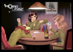 Rule 34 | 3girls, alcohol, card, chair, helen north, hope johnson, i want you, isabella delucca, lone wolf, military, multiple girls, projekt muse, sitting, table, uniform