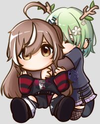 Rule 34 | 2girls, ahoge, antlers, brown eyes, brown hair, ceres fauna, chibi, commission, derivative work, ear piercing, earrings, fishnet thighhighs, fishnets, flower, green hair, hair flower, hair ornament, highres, hololive, hololive english, horns, hug, hug from behind, jewelry, moon ldl, multicolored hair, multiple girls, nanashi mumei, nanashi mumei (emo), nightmare (nanashi mumei), piercing, shirt, streaked hair, striped clothes, striped shirt, thighhighs, two-tone hair, virtual youtuber, white hair