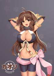 Rule 34 | 1girl, antenna hair, arms behind head, breasts, brown hair, cleavage, cleavage cutout, clothing cutout, fang, fur trim, gradient background, grey background, highres, himitsu neko, kaori (princess connect!), large breasts, long hair, looking at viewer, navel, open mouth, princess connect!, red eyes, solo, twitter username
