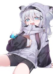 Rule 34 | 1girl, :d, animal ear headwear, animal ears, bike shorts, black shorts, blue eyes, blush, book, bug, butterfly, cat ears, double bun, fake animal ears, goddess of victory: nikke, grey hair, hair between eyes, hair bun, hair ornament, highres, holding, holding book, hood, hugging book, hugging object, insect, jacket, looking at viewer, n102 (nikke), official art, open mouth, second-party source, shorts, simple background, smile, solo, utsusumi kio, white background