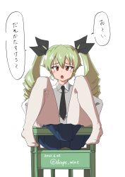 Rule 34 | 1girl, absurdres, anzio school uniform, black necktie, black ribbon, black skirt, commentary request, crate, dated, dress shirt, drill hair, drops mint, girls und panzer, green hair, hair ribbon, highres, legs up, long hair, long sleeves, looking at viewer, miniskirt, necktie, no cape, no shoes, open mouth, pantyhose, partial commentary, pleated skirt, red eyes, ribbon, school uniform, shirt, simple background, sitting, skirt, solo, stuck, sweatdrop, translated, twin drills, twintails, twitter username, white background, white pantyhose, white shirt, wing collar