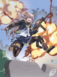 Rule 34 | 1girl, absurdres, animal ears, armband, bad id, bad pixiv id, black jacket, brown hair, bud (startwiths), commission, crossed bangs, explosion, fingerless gloves, girls&#039; frontline, gloves, gun, hair between eyes, heckler &amp; koch, highres, holding, holding gun, holding weapon, hood, hooded jacket, jacket, one side up, open clothes, open jacket, pantyhose, playerunknown&#039;s battlegrounds, ruins, running, scar, scar across eye, scar on face, skirt, smoke grenade, submachine gun, tears, ump45 (girls&#039; frontline), weapon