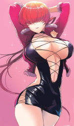 Rule 34 | 1girl, arms behind head, arms up, ashita (2010), black dress, breasts, center opening, cleavage, cleavage cutout, clothing cutout, collarbone, covered eyes, cowboy shot, cropped jacket, cross-laced clothes, dress, hair over eyes, highres, jacket, large breasts, long hair, long sleeves, navel, open clothes, open jacket, parted lips, pencil dress, ponytail, red hair, red jacket, shermie (kof), short dress, smile, snk, solo, sparkle, the king of fighters, the king of fighters xv, thick thighs, thighs