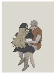 Rule 34 | 1boy, 1girl, bare shoulders, barefoot, black dress, black headwear, blonde hair, boots, border, comforting, crying, detached sleeves, dirty, dirty feet, dress, dungeon meshi, ear covers, elf, facing another, facing away, fur-trimmed dress, fur trim, grey background, grey hair, hand up, hands up, hat, highres, hup cheop, invisible chair, kiss, kissing hand, laios touden, layered sleeves, long hair, long sleeves, marcille donato, messy hair, pants, plantar flexion, pointy ears, red vest, short hair, short over long sleeves, short sleeves, simple background, sitting, soles, spoilers, tears, vest