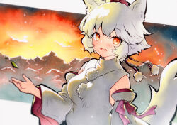 Rule 34 | 1girl, :d, animal ears, commentary request, detached sleeves, fang, hand up, hat, highres, inubashiri momiji, looking at viewer, medium hair, open mouth, pom pom (clothes), qqqrinkappp, red eyes, red hat, shirt, skin fang, sleeveless, sleeveless shirt, smile, solo, tail, tokin hat, touhou, traditional media, turtleneck, upper body, white hair, white shirt, white sleeves, wolf ears, wolf girl, wolf tail