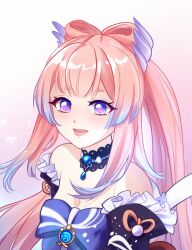 Rule 34 | 1girl, :d, bare shoulders, blue bow, blue choker, blue dress, blush, bow, choker, commentary, dress, genshin impact, gradient background, highres, long hair, looking at viewer, off-shoulder dress, off shoulder, open mouth, pink background, pink hair, purple eyes, sangonomiya kokomi, sidelocks, smile, solo, tomatolacoon, upper body, very long hair, white background
