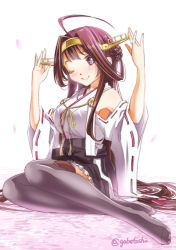 Rule 34 | 10s, 1girl, ;), ahoge, armpits, brown hair, detached sleeves, double bun, hairband, jewelry, kantai collection, kongou (kancolle), long hair, looking at viewer, nontraditional miko, one eye closed, pleated skirt, purple eyes, ring, sitting, skirt, smile, sogabe toshinori, solo, wedding band, wink