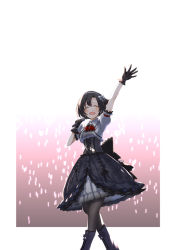 Rule 34 | 1girl, arm up, audience, back bow, black bow, black footwear, black gloves, black hair, black pantyhose, black skirt, boots, bow, corset, closed eyes, gloves, hair ornament, holding, holding microphone, idolmaster, idolmaster cinderella girls, idolmaster cinderella girls starlight stage, kaoru348, knee boots, lolita fashion, microphone, pantyhose, shiragiku hotaru, short hair, short sleeves, skirt, solo, standing, white background