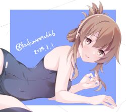 Rule 34 | 1girl, absurdres, black thighhighs, blue background, blue one-piece swimsuit, breasts, brown eyes, brown hair, commentary request, covered navel, cowboy shot, dated, folded ponytail, highres, inazuma (kancolle), kantai collection, kukimaru, long hair, looking at viewer, lying, on side, one-piece swimsuit, school swimsuit, small breasts, solo, swimsuit, thighhighs, twitter username, two-tone background