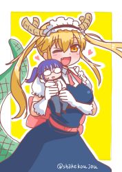 Rule 34 | 2girls, ;d, alternate hair color, blue dress, blue hair, blush, character doll, cowboy shot, dot nose, dragon horns, dragon tail, dress, glasses, gloves, hair between eyes, heart, horns, kobayashi-san chi no maidragon, kobayashi (maidragon), large tail, long hair, looking at viewer, maid, maid headdress, multiple girls, one eye closed, open mouth, quad tails, red eyes, shake-o, smile, standing, sweatdrop, tail, tohru (maidragon), twitter username, white gloves, yellow background