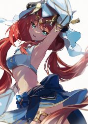 Rule 34 | 1girl, absurdres, arm up, armpits, back bow, blue bow, blue gemstone, blue skirt, bow, breasts, commentary request, crop top, detached sleeves, fa2 (etu831), fake horns, gem, genshin impact, gold, green eyes, hair between eyes, hand up, highres, horns, jewelry, long hair, long sleeves, looking at viewer, medium breasts, navel, necklace, nilou (genshin impact), open mouth, red hair, revision, sidelocks, simple background, skirt, smile, solo, standing, sweat, sweatdrop, teeth, tongue, twintails, veil, white background, wide sleeves