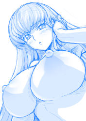 Rule 34 | 1girl, :o, adjusting hair, blue theme, blush, breasts, c.c., code geass, embarrassed, from below, haruhisky, highres, large breasts, long hair, looking at viewer, looking down, monochrome, nipples, parted lips, sketch, solo, upper body