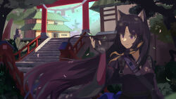 Rule 34 | 1girl, absurdres, animal ears, architecture, arknights, armor, black gloves, black hair, black kimono, building, chinese commentary, commentary request, day, dog ears, dog girl, e hun touzi, east asian architecture, elbow gloves, facial mark, fingerless gloves, forehead mark, gloves, hand up, highres, japanese clothes, kimono, leaf, light particles, long hair, looking at hand, looking to the side, o-ring, outdoors, parted lips, pink gloves, plant, purple eyes, railing, rope, saga (arknights), shimenawa, smile, solo, stairs, standing, stone stairs, strap, sunlight, torii, tree, turning head, very long hair, wide sleeves, wind