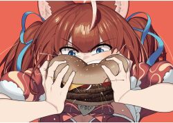 Rule 34 | 1girl, ahoge, akami karubi, animal ears, blue eyes, blue ribbon, bow, bowtie, burger, cat ears, cat girl, close-up, eating, food, furrowed brow, hair ribbon, holding, holding burger, holding food, puffy short sleeves, puffy sleeves, red background, red bow, red bowtie, red hair, ribbon, short sleeves, simple background, solo, squeezing, tunao, twintails, v-shaped eyebrows, virtual youtuber, vspo!