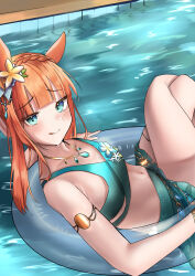 Rule 34 | 1girl, :p, absurdres, alternate costume, alternate hairstyle, animal ears, blue eyes, braid, breasts, commentary request, crown braid, flower, hair flower, hair ornament, highres, horse ears, innertube, jewelry, looking at viewer, navel, necklace, orange hair, po musubi, pool, silence suzuka (emerald on the waves) (umamusume), silence suzuka (umamusume), small breasts, smile, solo, swim ring, tongue, tongue out, umamusume, water