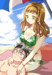 Rule 34 | 1boy, 1girl, artist request, asta (black clover), ball, beach, beach mat, beachball, black clover, blue sky, blush, bracelet, breasts, earrings, green eyes, green one-piece swimsuit, grey hair, headband, highres, jewelry, lap pillow, large breasts, long hair, mimosa vermillion, nail polish, one-piece swimsuit, open mouth, orange hair, sand, short hair, sky, smile, swimsuit, tagme, umbrella, water, yellow eyes