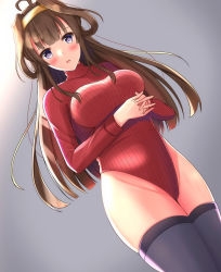 Rule 34 | 1girl, alternate costume, blush, breasts, brown hair, double bun, gradient background, groin, hair between eyes, hair bun, hair ornament, hairband, headgear, heattech leotard, highres, impossible clothes, kantai collection, kongou (kancolle), large breasts, leotard, long hair, looking at viewer, open mouth, purple eyes, ribbed sweater, solo, sweater, thighhighs, thighs, toyomi 13, turtleneck