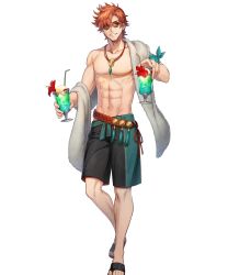 Rule 34 | 1boy, abs, argon (exys), belt, drink, fire emblem, fire emblem: three houses, fire emblem heroes, flower, food, full body, highres, ice cream, jewelry, male focus, navel, necklace, nintendo, official art, orange hair, sandals, topless male, solo, sunglasses, swimsuit, sylvain jose gautier, teeth, towel, transparent background