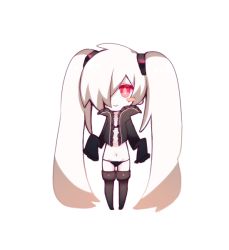 Rule 34 | 10s, 1girl, abyssal ship, aki (o2x x2o), bad id, bad pixiv id, blush stickers, chibi, hair over one eye, kantai collection, long hair, navel, pale skin, personification, red eyes, sleeves past wrists, smile, solo, southern ocean oni, thighhighs, twintails, white hair