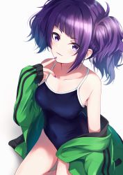 Rule 34 | 1girl, absurdres, armpits, bare shoulders, blue one-piece swimsuit, blush, breasts, competition school swimsuit, diagonal bangs, finger to mouth, green jacket, highres, idolmaster, idolmaster shiny colors, jacket, jersey, kneeling, lipstick, looking at viewer, makeup, medium breasts, miso (misomiso 154), nail polish, one-piece swimsuit, purple eyes, purple hair, purple lips, purple nails, school swimsuit, sidelocks, simple background, solo, swimsuit, tanaka mamimi, twintails, white background