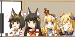 Rule 34 | 4girls, :d, :t, animal ear fluff, animal ears, azur lane, bare shoulders, black hair, black hairband, blonde hair, blue eyes, blush, bow, brown eyes, cake, cake slice, closed eyes, closed mouth, commentary request, crown, cup, detached sleeves, dress, eating, epaulettes, eye contact, flat screen tv, food, fork, fox ears, gloves, grey sleeves, hair bow, hair ears, hairband, headgear, headpiece, holding, holding cup, holding fork, japanese clothes, juliet sleeves, kimono, long hair, long sleeves, looking at another, looking to the side, mini crown, mitya, multiple girls, mutsu (azur lane), nagato (azur lane), open mouth, puffy sleeves, queen elizabeth (azur lane), red dress, sleeveless, sleeveless kimono, smile, strapless, strapless dress, striped clothes, striped hairband, teacup, television, tilted headwear, twitter username, warspite (azur lane), white bow, white gloves, white kimono, white sleeves, yellow eyes, yunomi