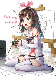 Rule 34 | 1girl, absurdres, angry, bare shoulders, blue eyes, blush, boots, brown hair, commentary, controller, detached sleeves, english commentary, english text, engrish text, full body, hairband, highres, holding, holding controller, indoors, kizuna ai, kizuna ai inc., lace, lace-trimmed legwear, lace-trimmed sleeves, lace trim, long hair, mr.lime, multicolored hair, navel, pink hair, pink hairband, playing games, profanity, ranguage, seiza, shirt, short shorts, shorts, shouting, sitting, sleeveless, sleeveless shirt, solo, streaked hair, thigh boots, thighhighs, two-tone hair, virtual youtuber, white shorts, white thighhighs