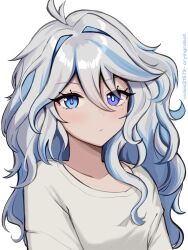 Rule 34 | 1girl, antenna hair, blue eyes, blue hair, blush, collarbone, commentary, furina (genshin impact), genshin impact, grey hair, highres, looking at viewer, messy hair, multicolored hair, shirt, solo, streaked hair, upper body, vickie (cryingrobot), white shirt