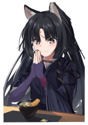 Rule 34 | + +, 1girl, absurdres, animal ears, arknights, black hair, black kimono, blush, border, bowl, brown eyes, chopsticks, closed mouth, commentary request, dog ears, elbow gloves, facial mark, fingerless gloves, food, forehead mark, gloves, highres, holding, holding chopsticks, japanese clothes, kimono, long hair, long sleeves, looking at food, own hands together, parted bangs, penguin4, purple gloves, saga (arknights), simple background, smile, solo, sparkling eyes, table, upper body, very long hair, white background, white border, wide sleeves
