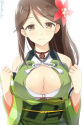 Rule 34 | 10s, 1girl, amagi (kancolle), bare shoulders, breasts, brown eyes, brown hair, cleavage cutout, clothing cutout, colored eyelashes, flower, furisode, hair between eyes, hair flower, hair ornament, japanese clothes, kanden sky, kantai collection, kimono, large breasts, light smile, long hair, looking at viewer, mole, mole under eye, obi, ponytail, sash, solo, undressing