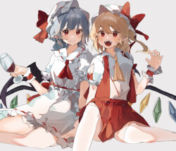 Rule 34 | 2girls, adapted costume, alcohol, ascot, bat wings, belt, blonde hair, bow, breasts, closed mouth, collar, collared dress, collared shirt, crystal, cup, dress, drinking glass, fang, fang out, fangs, feet out of frame, flandre scarlet, glass, grey background, grey hair, hair between eyes, hand up, hat, hat bow, higa (gominami), highres, holding, holding cup, jewelry, kneehighs, looking at viewer, medium breasts, miniskirt, mob cap, multicolored wings, multiple girls, one side up, open clothes, open mouth, open vest, pleated skirt, pointy ears, red ascot, red belt, red bow, red eyes, red ribbon, red skirt, red vest, red wine, remilia scarlet, ribbon, shirt, short hair, shoulder-to-shoulder, siblings, simple background, sisters, sitting, skirt, smile, socks, teeth, thighhighs, tongue, touhou, vest, white dress, white headwear, white shirt, white thighhighs, wine, wine glass, wings, wrist cuffs, yellow ascot