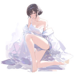 Rule 34 | 1girl, :d, absurdres, bare shoulders, barefoot, black hair, blush, breasts, brown eyes, camisole, cleavage, collarbone, commentary request, copyright request, grey shorts, hair bun, highres, jacket, looking at viewer, medium breasts, meinoss, off shoulder, on one knee, open clothes, open jacket, open mouth, short shorts, shorts, simple background, smile, solo, strap slip, white background, white camisole, white jacket
