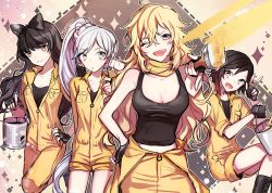 Rule 34 | 4girls, artist name, bad id, bad twitter id, blake belladonna, breasts, cleavage, coveralls, ecru, fingerless gloves, gloves, jumpsuit, large breasts, multiple girls, one eye closed, open clothes, orange jumpsuit, paint can, paintbrush, ruby rose, rwby, scar, scar across eye, scar on face, tank top, weiss schnee, yang xiao long