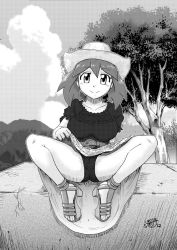 Rule 34 | 1girl, breasts, closed mouth, cloud, creatures (company), game freak, gouguru, greyscale, hat, large breasts, looking at viewer, may (pokemon), monochrome, nintendo, pokemon, pokemon (anime), pokemon rse (anime), presenting, short hair, smile, solo, tree