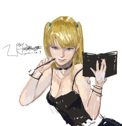 Rule 34 | 1girl, amane misa, amatiz, bare shoulders, blonde hair, blue eyes, breasts, camisole, cleavage, death note, death note (object), long hair, medium breasts, notebook, pen, side ponytail, sketch, smile, solo, two side up