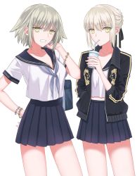 Rule 34 | 2girls, alternate costume, artoria pendragon (all), artoria pendragon (fate), bag, bare legs, black bow, blonde hair, blouse, bow, bracelet, braid, carrying over shoulder, closed mouth, collarbone, cowboy shot, cross, cup, drinking, drinking straw, dual persona, eyebrows, fate/grand order, fate/stay night, fate (series), hair between eyes, hair ribbon, hand on own hip, highres, holding, holding cup, jacket, jeanne d&#039;arc (fate), jeanne d&#039;arc (ruler) (fate), jeanne d&#039;arc alter (avenger) (fate), jeanne d&#039;arc alter (fate), jewelry, legs apart, lion, looking at viewer, midriff peek, miniskirt, mouth hold, multiple girls, nipi27, open mouth, pleated skirt, ribbon, ruler (fate/grand order), saber (fate), saber alter, school uniform, serafuku, shirt, short hair, short sleeves, shoulder bag, silver hair, simple background, skirt, stomach, track jacket, untied, white background, white shirt, yellow eyes