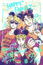 Rule 34 | 3boys, animal ears, blonde hair, braid, brown hair, closed eyes, closed mouth, commentary request, dio brando, disney, disneyland, eating, english text, facing viewer, fake animal ears, family, father and son, giorno giovanna, heart, jojo no kimyou na bouken, jonathan joestar, long hair, looking at viewer, male focus, meng bu chong, mickey mouse ears, minnie mouse ears, mouse ears, multiple boys, open mouth, phantom blood, shirt, smile, sunglasses, sweater, v, vento aureo, yaoi