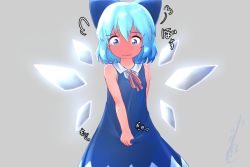 Rule 34 | 1girl, arm behind back, artist name, bare shoulders, blue dress, blue eyes, blue hair, blue ribbon, blue wings, blush, child, cirno, closed mouth, collared shirt, constricted pupils, cowboy shot, dress, embarrassed, female focus, flat chest, full-face blush, grey background, hair ribbon, ice, ice wings, japanese text, katsura dendou, looking down, neck ribbon, pinafore dress, red ribbon, ribbon, shiny skin, shirt, short hair, sidelocks, signature, simple background, sleeveless, sleeveless dress, sleeveless shirt, solo, tears, touhou, translation request, wavy mouth, white shirt, wings