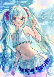 Rule 34 | 1girl, aqua eyes, aqua hair, arm up, bare shoulders, beach, bikini, blue sky, blurry, blurry background, blush, bow, breasts, cloud, cloudy sky, collared bikini, crop top, curled fingers, day, dot nose, frilled bikini, frilled skirt, frilled tankini, frills, hair between eyes, hair bow, hair ornament, hatsune miku, highres, light blush, long hair, looking at viewer, natukisigure, navel, necktie, ocean, outdoors, shine, sidelocks, skirt, sky, small breasts, smile, solo, swimsuit, tank top, tankini, thick eyelashes, twintails, very long hair, vocaloid, water, water drop