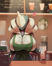 Rule 34 | 1girl, apron, arcafterdark, breasts, cash register, coffee, colored skin, cup, heart, holding, holding cup, large breasts, looking at viewer, multicolored skin, saryn (warframe), solo, starbucks, warframe