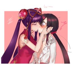 Rule 34 | 00s, 2girls, androgynous, bad id, bad pixiv id, blouse, blush, brown hair, china dress, chinese clothes, closed eyes, collarbone, dress, frills, hair between eyes, hair ornament, hand on another&#039;s cheek, kiss, lady bat, lanhua, long hair, looking at another, mermaid melody pichi pichi pitch, multiple girls, no bra, ohisashiburi, pointy ears, ponytail, purple eyes, purple hair, shirt, simple background, surprised, twintails, upper body, very long hair, white shirt, wide-eyed, yuri