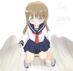 Rule 34 | 1girl, 22m, artist name, blue collar, blue eyes, blue footwear, blue skirt, blush, brown hair, chair, character request, closed mouth, collar, dated, embarrassed, female focus, from above, full body, holding, indoors, kneehighs, long hair, long sleeves, neckerchief, peeing, peeing self, pen, pleated skirt, red neckerchief, sailor collar, school uniform, serafuku, shirt, shoes, signature, sitting, skirt, socks, solo, wet, wet clothes, white shirt, white socks