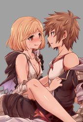 Rule 34 | 10s, 1boy, 1girl, :q, akari seisuke, bare shoulders, blonde hair, blush, breasts, brown eyes, brown hair, cleavage, covered erect nipples, djeeta (granblue fantasy), dress, eye contact, gran (granblue fantasy), granblue fantasy, grey background, heart, heart-shaped pupils, hetero, legs, looking at another, nipples, no bra, nose blush, off shoulder, open clothes, open mouth, short hair, simple background, sitting, small breasts, sweat, symbol-shaped pupils, tongue, tongue out, undressing