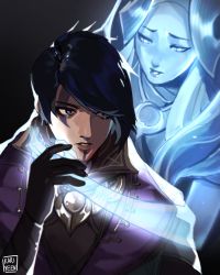 Rule 34 | 1boy, 1girl, alune, aphelios, black eyes, black hair, coat, facial mark, facial tattoo, ghost, gloves, hair over one eye, hand on another&#039;s cheek, hand on another&#039;s face, highres, jacket, kari yen, league of legends, short hair, siblings, spirit, tattoo, wing collar